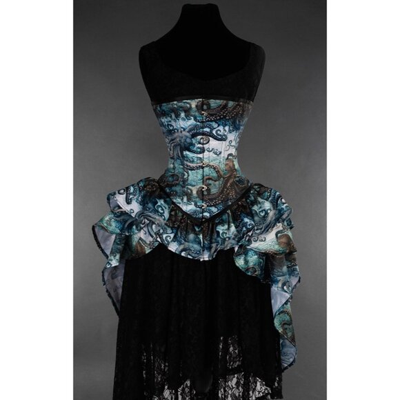 New Victorian Gothic Steampunk Corset Bustle Skirt Kraken Octopus - Picture 1 of 5